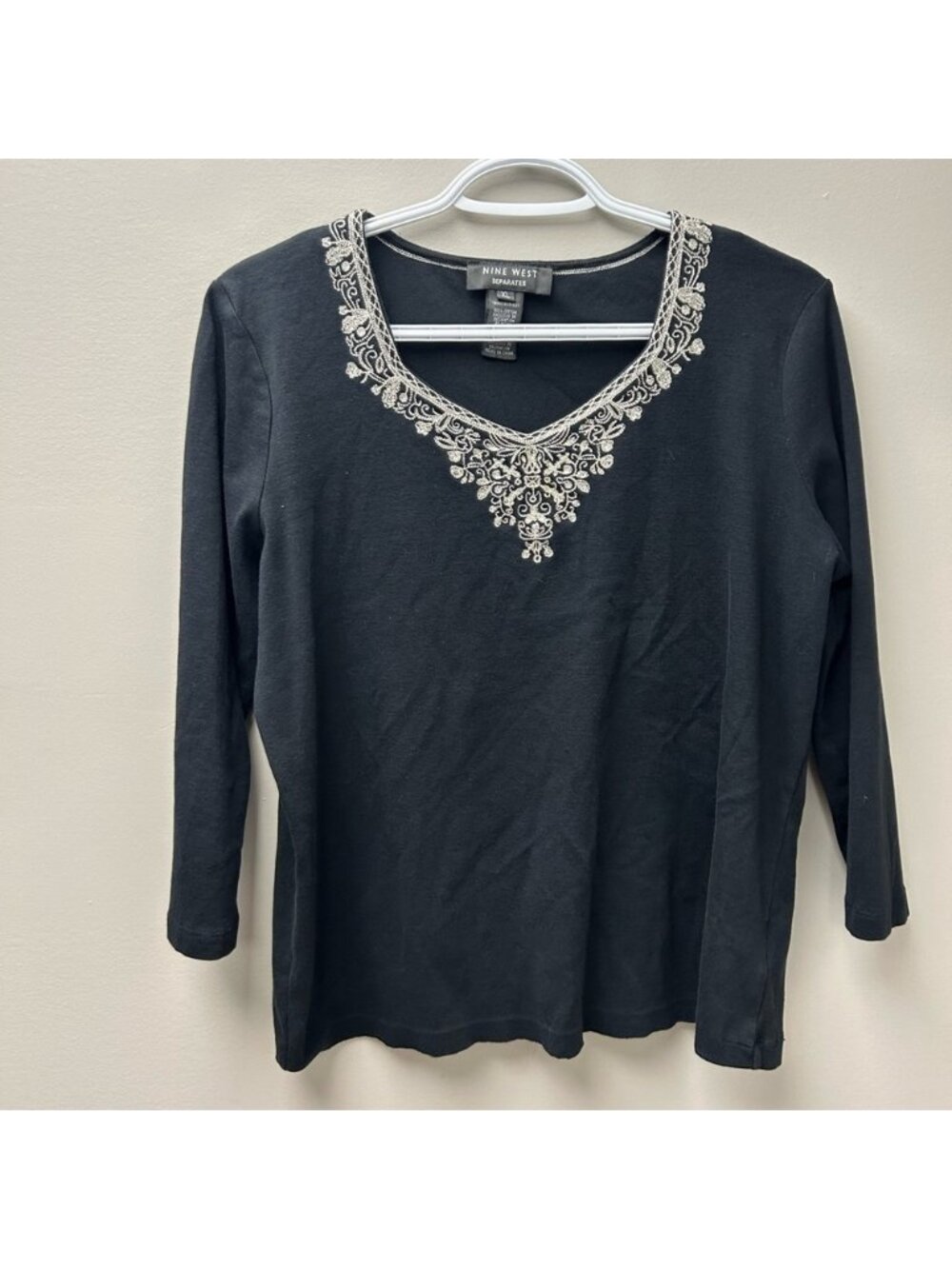 Nine West Black‎ Long Sleeve Top With White Embroidery
